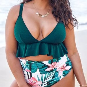 Green And Floral Ruffle Bikini